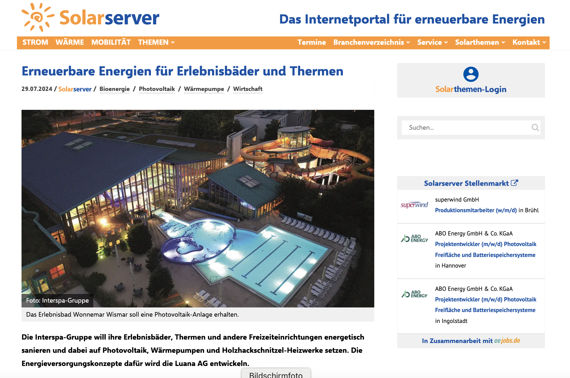 Screenshot des Artikels Luana-AG-Presseveroeffentlichung-Luana-AG-Koop-Interspa-Wonnemar-Solarserver.de